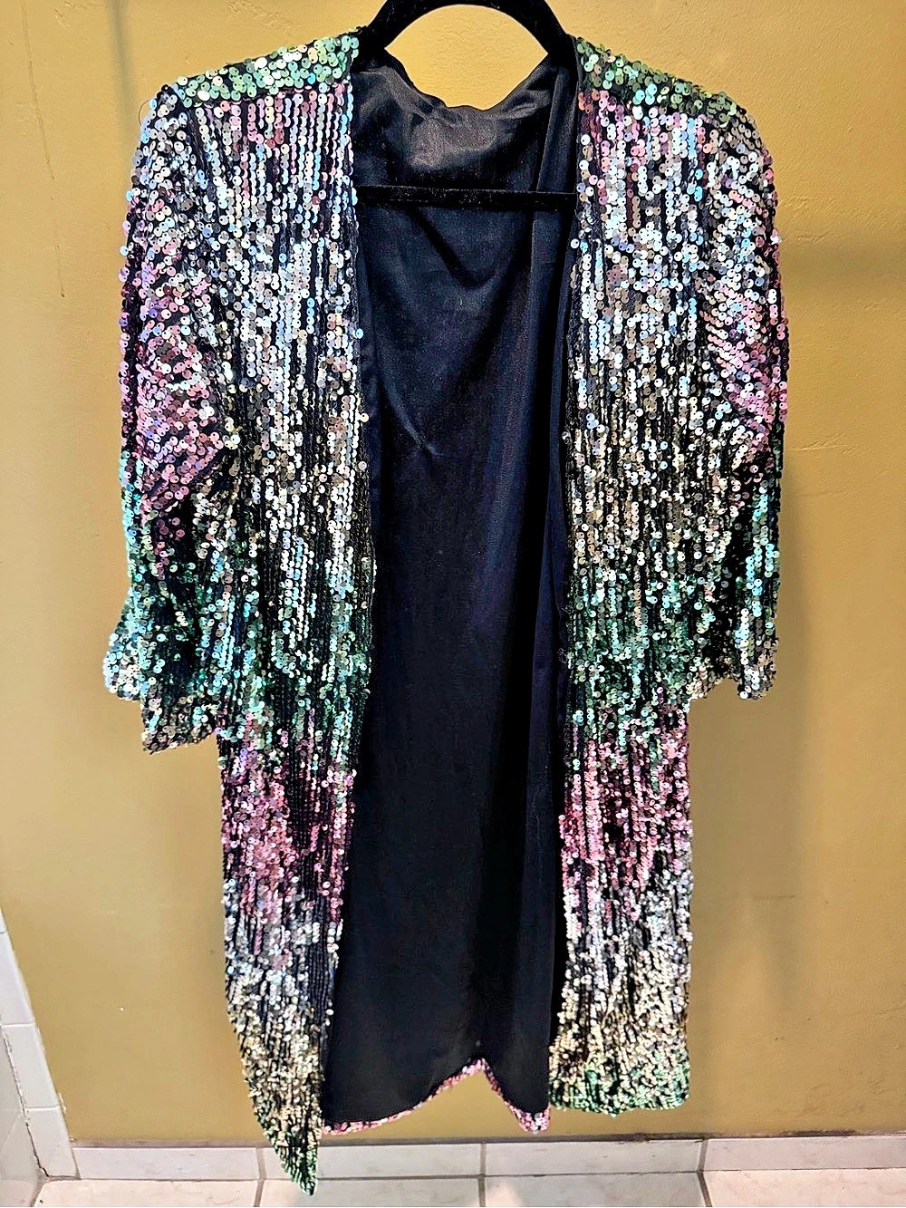 Sequin Open Front 3/4 Sleeve Jacket (Black & Multicolor)